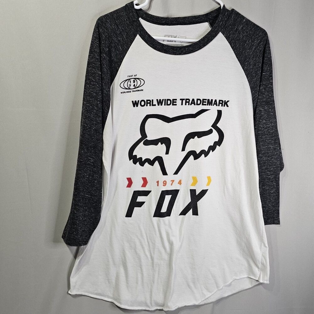 FOX Heritage Womens Shirt XL 3/4 Reglan Sleeve Heather Gray White Big Graphic